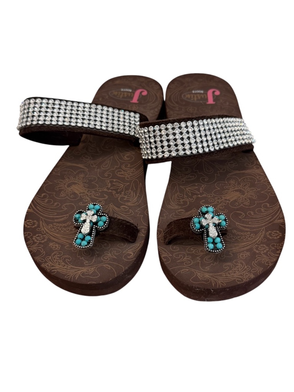 Justin Boots Women's Brown with Blue Turquoise Western Style Sandals Sz 7 GUC